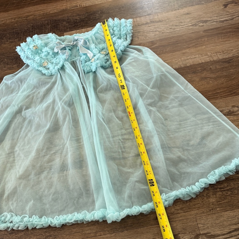 Vintage blue nylon sheer peignoir robe ruffled collar pinup lingerie - Picture 5 of 8